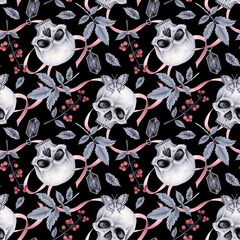 Seamless pattern with gray skulls, rose leaves, a branch of red poisonous berries, a moth and a pink ribbon with a black pendant. Illustration on a black background for fabric, wrapper, cover.