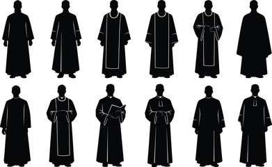 Religious clergy robes silhouette vector set, priest vestments collection, Christian liturgical garment design, ceremonial outfit icons, traditional churchwear clipart