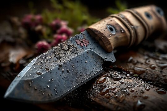 Hand forged hunting knife with bamboo handle high resolution picture