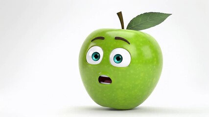 Surprised anthropomorphic green apple with wide eyes on a white background, charming 3D fruit character ideal for branding, healthy food promotion, and children’s products