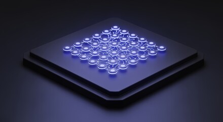 Isometric view of a glowing network of interconnected nodes on a dark layered platform surface
