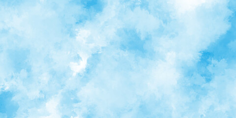 Grunge smooth light sky blue and white shades aquarelle background, blue sky with clouds watercolor background, clear and panorama view of clouds in the blue sky.