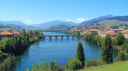 Fototapeta premium Sunlit Panorama of Ourense, Spain: The Ancient Ponte Vella Spanning the Deep Blue Mi?o River