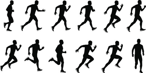 Sequence of running athlete silhouettes showing ten stages of stride cycle, dynamic human motion reference for sports, animation, and training design