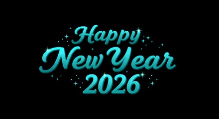 Obraz premium Expressive cyan blue Happy New Year 2026 handwritten style lettering with glowing sparkle accents for artistic celebration promotional designs
