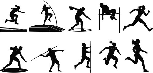 Silhouettes of athletes performing track and field events including running, jumping, throwing, and pole vault for sports, training, and design use © Sabbir's World