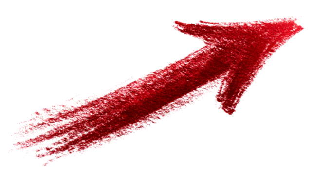 Hand drawn red chalk arrow mark pointing upward, cut out transparent