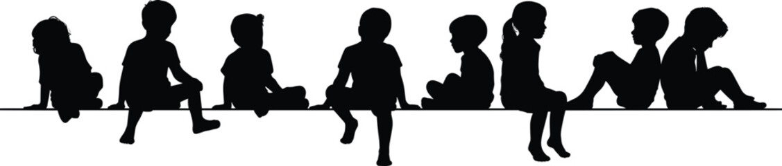 Silhouettes of children sitting in various poses, playful and relaxed, lifestyle illustration for friendship, childhood memories, and educational design