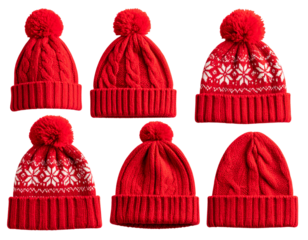  Top-Down Flat Lay of Multiple Red Winter Hats, Transparent PNG