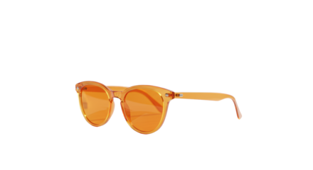 Vibrant orange cat-eye sunglasses with reflective lenses, artfully positioned on a minimalist white desk, with soft blurred bokeh background, concept of modern aspirational lifestyle