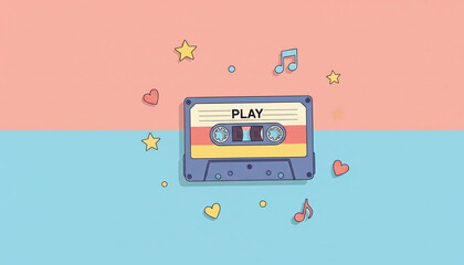 The image is a stylized illustration of a cassette tape with a pink and blue background, surrounded by music and heart symbols.

