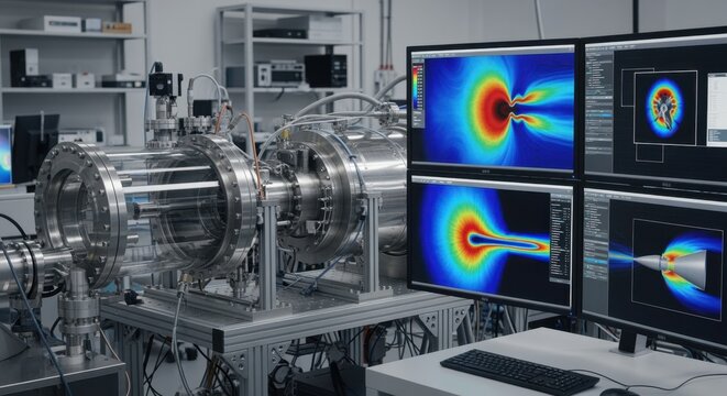 Dynamic airflow simulation displayed on computer monitors next to hypersonic wind tunnel test section used in supersonic combustion experiments.