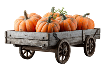 Wooden cart filled with ripe pumpkins in autumn