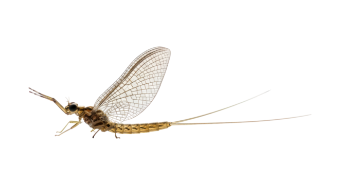 Detailed close-up of a common mayfly with transparent, delicate wings