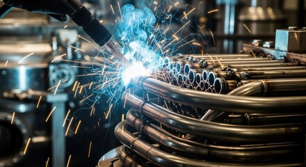 Closeup of precision welding on heatexchanger tube bundles inside a moltensalt reactor cell highlighting sparks and protective shielding gas.