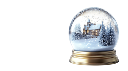 • A Christmas snow globe with a winter scene inside, isolated on white background in HD 