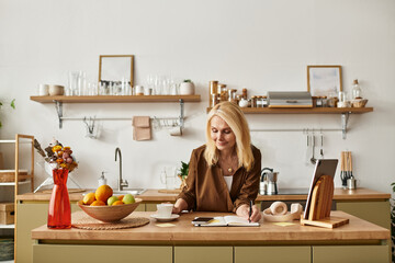 Beautiful senior woman enjoys a peaceful moment while writing in a cozy kitchen