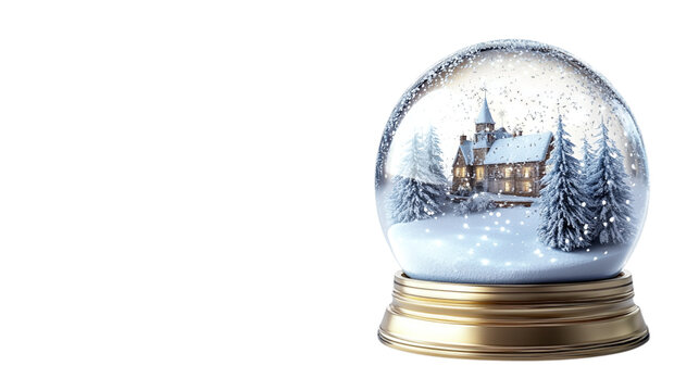 • A Christmas snow globe with a winter scene inside, isolated on white background in HD 