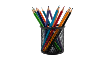Color pencils in metal cup isolated on transparent background