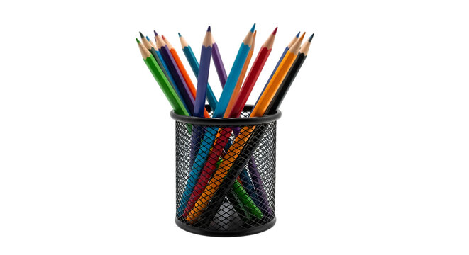 Color pencils in metal cup isolated on transparent background - Powered by Adobe