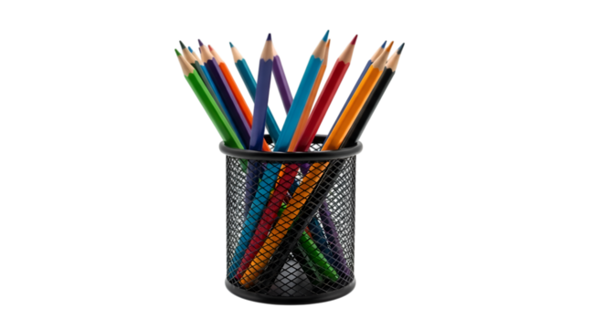 Color pencils in metal cup isolated on transparent background