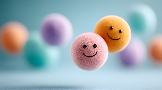Cute 3D emoji faces as fluffy balls floating in the air