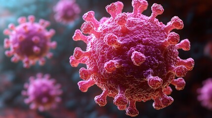 Obraz premium Hyper-Realistic Pink Coronavirus Virion with Detailed Spike Proteins and Bokeh Background