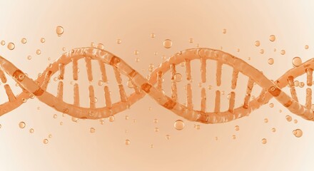 Orange translucent DNA double helix molecular chain with bubbles in warm peach gradient, genetic engineering and biotechnology research illustration