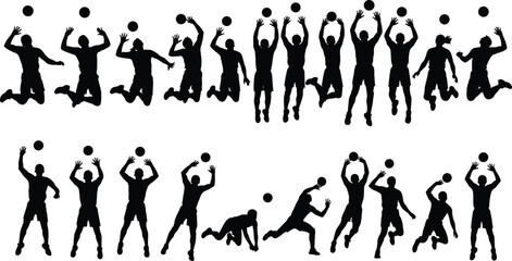 Silhouettes of volleyball players in jumping, diving, and blocking poses with ball, dynamic sports vector set for training, coaching, and design use © Sabbir's World