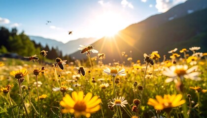 A meadow bursting with wildflowers and busy bees in the sunlight.