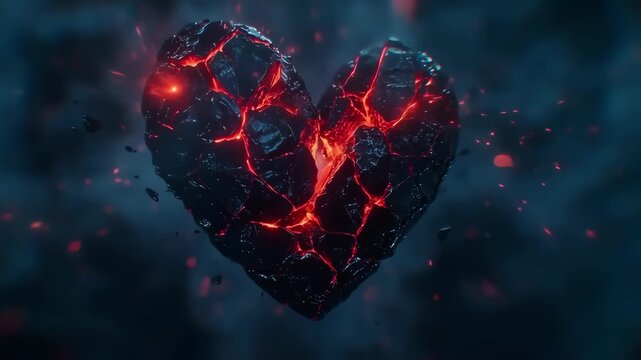 A cracked heart of dark rock, with glowing red lava within, surrounded by smoke and sparks