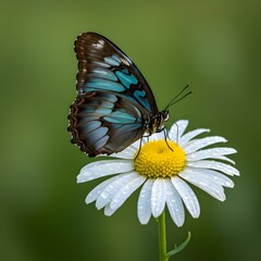 Fototapeta premium Magnificent blue morpho butterfly with brilliant iridescent wings perched on white daisy flower - perfect for tropical nature and exotic wildlife themes