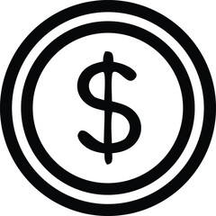 Simple black and white icon of a coin featuring a dollar sign centered within concentric circles
