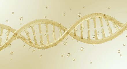 Detailed golden DNA double helix close-up with bubbles showing molecular structure, genetic sequencing and genome research concept