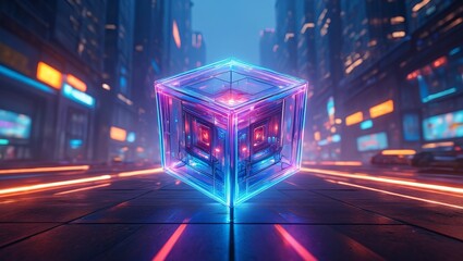 Futuristic glowing cube in neon city nightscape digital art ai generated image design