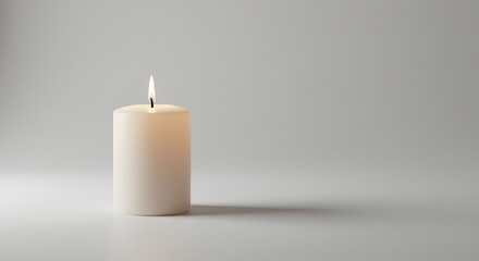 A single lit white candle casting a soft shadow on a smooth, neutral surface.