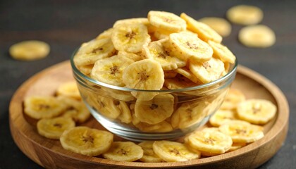 Banana Chips &ndash; Crispy banana chips in a small transparent bowl.