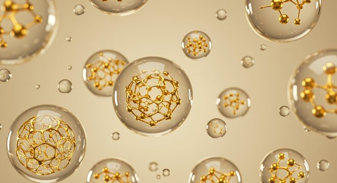Golden fullerene carbon molecule in glass sphere on neutral background, nanomaterial and molecular chemistry concept