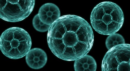 Early stage human embryo cell division in teal microscopic visualization showing blastomere development and cellular differentiation