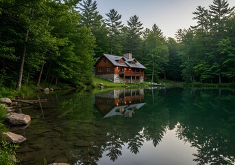 Obraz premium Beautiful wooden cabin nestled among evergreen trees beside pristine lake with perfect mirror reflection - excellent for nature retreats and vacation rental marketing