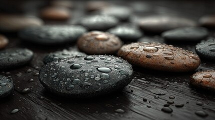 Smooth black and brown pebbles with sparkling water droplets on dark wooden surface creating a calm and refreshing natural composition