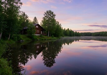 Obraz premium Serene lakeside cabin surrounded by forest during spectacular purple and pink sunset with perfect water reflections - ideal for romantic getaways and nature escapes