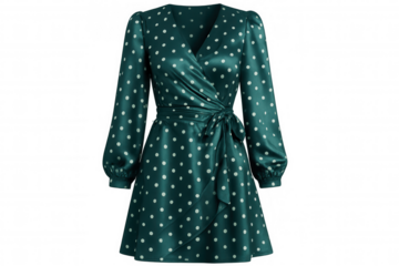 Stylish green wrap dress with white polka dots, featuring long sleeves and a v-neck, isolated on a transparent background, perfect for fashion projects