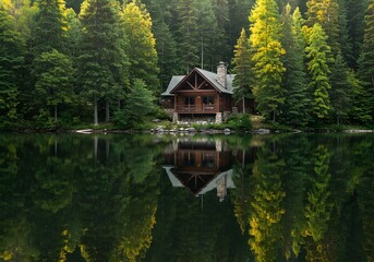 Obraz premium Charming wooden cabin perfectly reflected in tranquil forest lake surrounded by lush green trees - excellent for vacation rentals, nature retreats, and outdoor themes