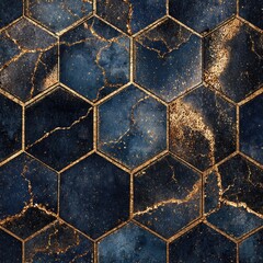 Dark blue & gold hexagon tile pattern.  Marbled effect