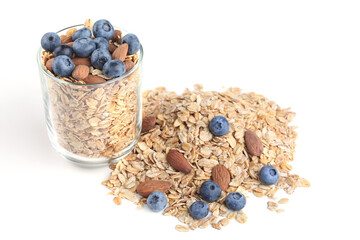 Granola with almond and blueberries isolated on white