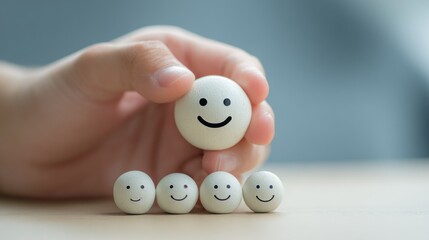 Hand holding happy face figurine above others
