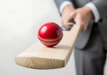 Red cricket ball resting on wooden bat held by person in suit, close-up sports equipment photo