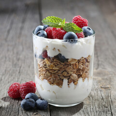 Granola with yogurt, fresh blueberries and raspberries in glass over old wood background.