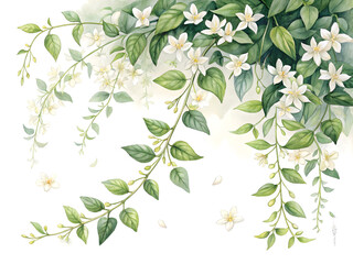 Trailing jasmine vine with white blossoms and green leaves cascading white flowers
